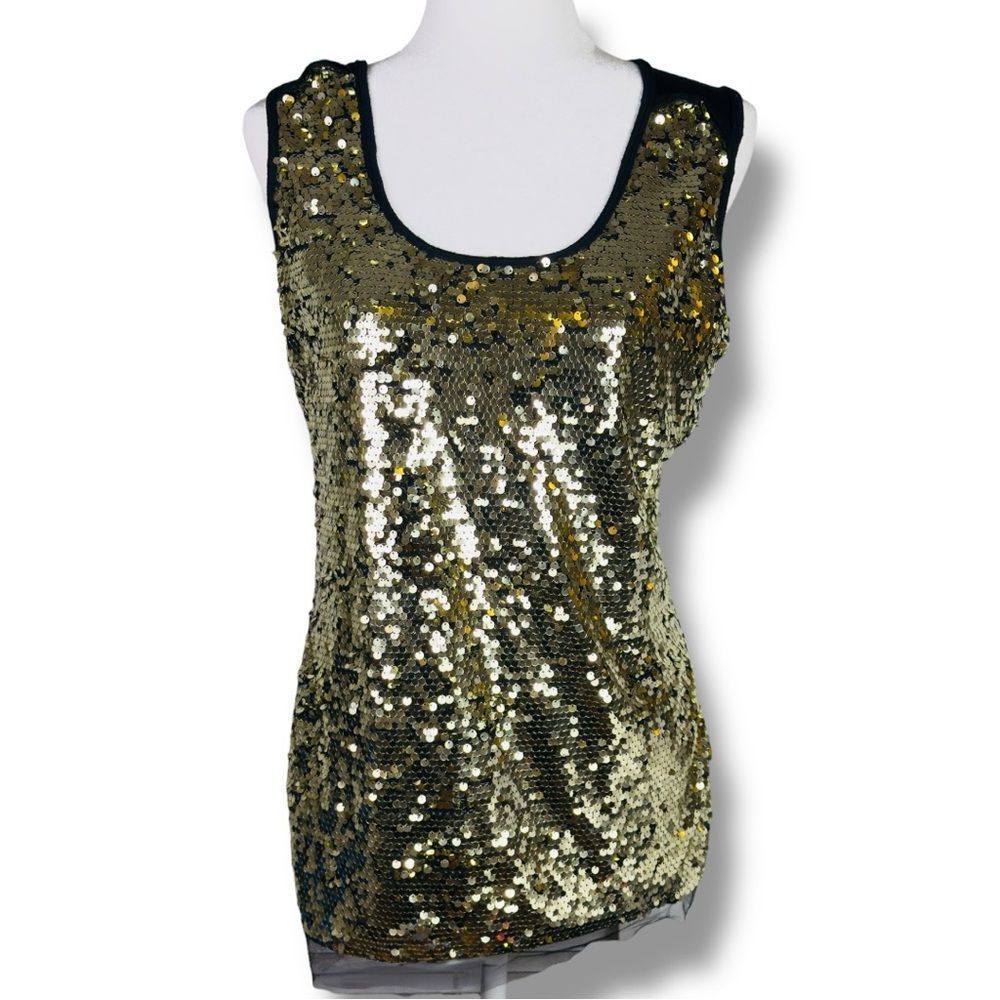 Tahari Black and Gold Sequin Tank Top Sz M